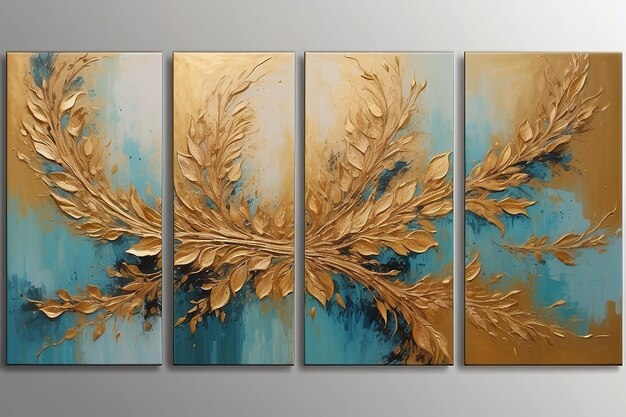 Moderne abstracte gouden getextureerde kunst olieverfschilderij drieluik