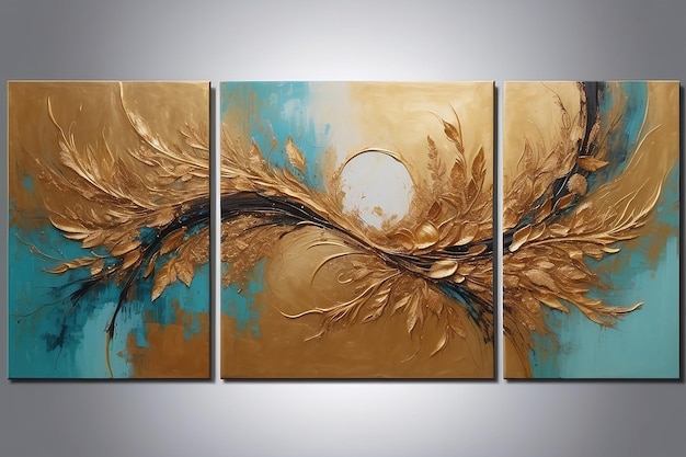 Moderne abstracte gouden getextureerde kunst olieverfschilderij drieluik