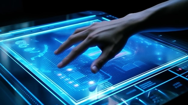 Moderne AI-interface weergegeven op een doorzichtig scherm met een digitale hand die uitreikt om een vi te verzegelen
