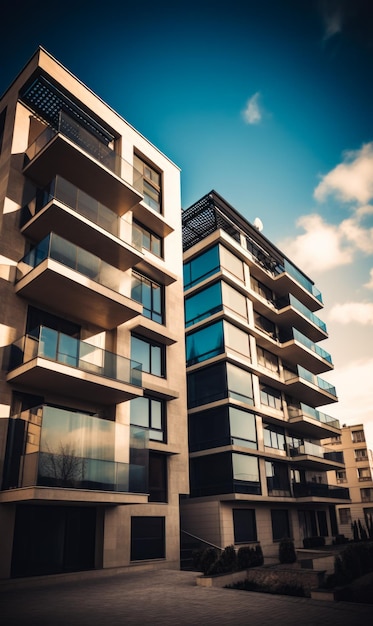 Moderne appartementen op een zonnige dag met een blauwe hemel