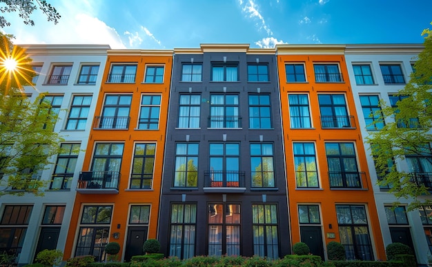 Foto moderne appartementen op een zonnige dag met een blauwe hemel