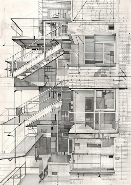 Moderne architectonische tekening met trap en raam