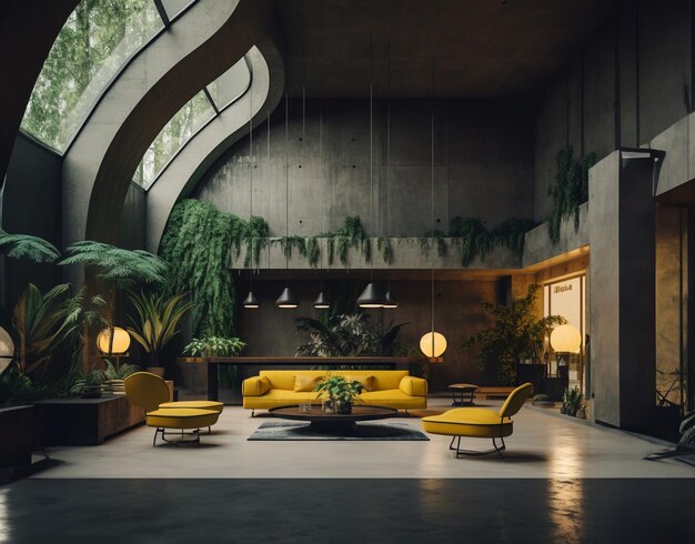 Moderne architectuur Donker schoon loft interieur Grijze betonnen muren gele meubelelementen Groene pla