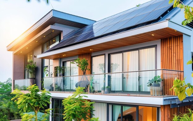Foto moderne architectuur huis met zonnepanelen om schone energie te genereren