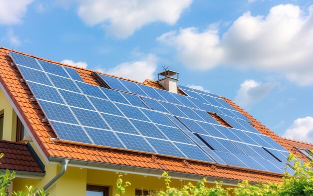 Moderne architectuur huis met zonnepanelen om schone energie te genereren