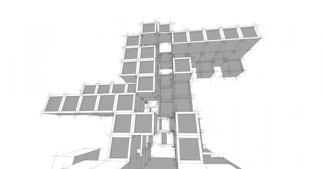 Moderne architectuur in een prachtige metropool. Uit de vrije hand lijntekening illustratie, 3D illustratie.