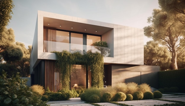 Moderne architectuur ontmoet de natuur in een luxueus residentieel buitenontwerp gegenereerd door AI