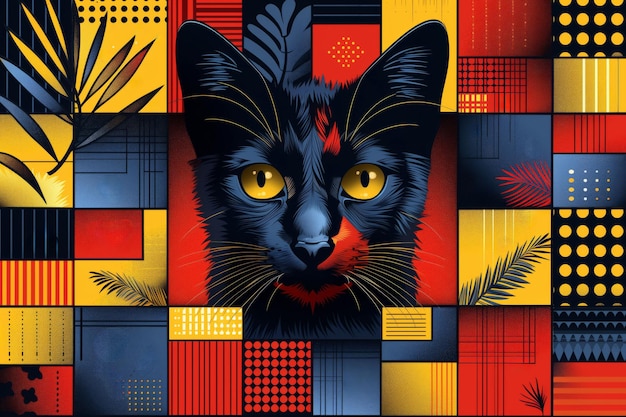 Moderne artistieke kattenportret met geometrische en abstracte elementen in rood en blauw