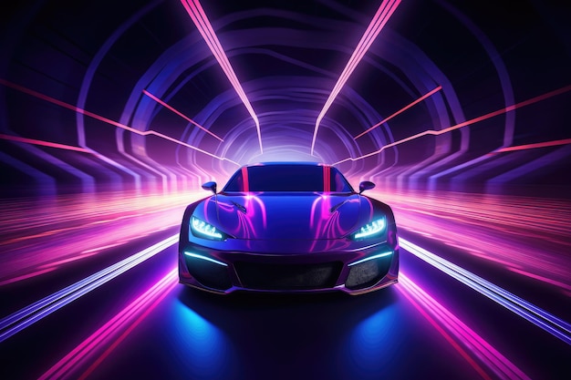 Moderne auto op de weg met motion blur achtergrond 3d-rendering Auto in een tunnel met neonverlichting front view AI Generated