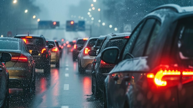 Moderne auto's staan in de winter vast in de file op een snelweg