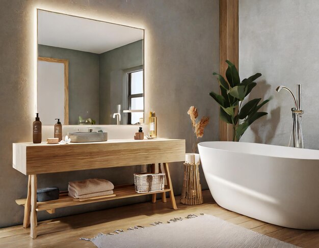 moderne badkamer interieur met badkuip en houten stand wastafel spiegel bad accessoires 3d rendering