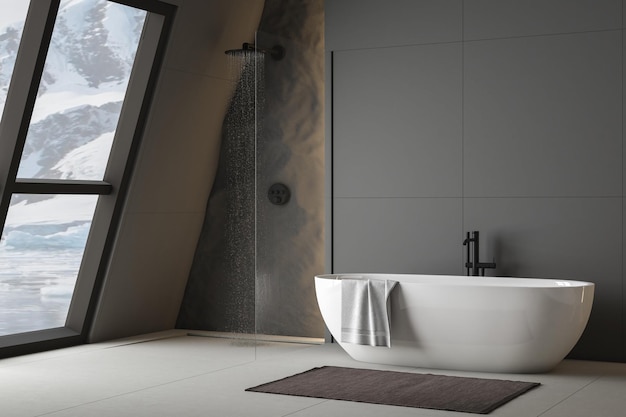 Moderne badkamer interieur met betonnen vloer wit ovaal bad en witte wastafel douche 3D-rendering