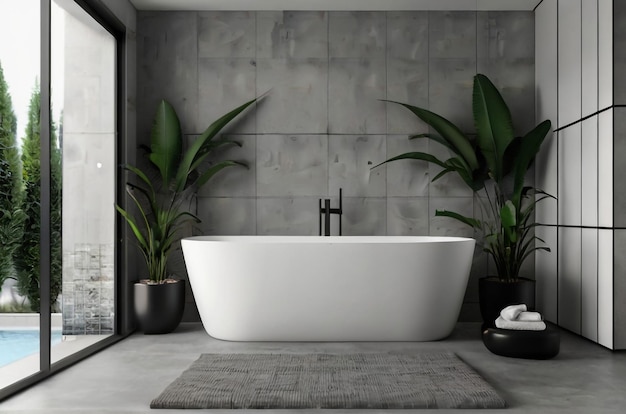 Moderne badkamer interieur met betonnen vloer witte ovale badkuip en witte wasbak douche plant