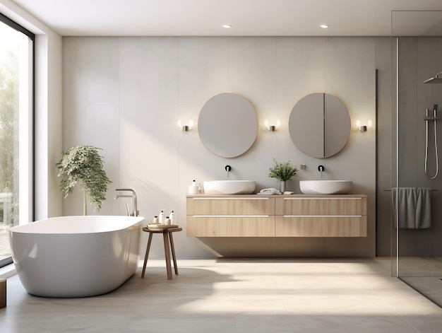 Moderne badkamer interieur met ijdelheid dubbele wastafel bad en douche