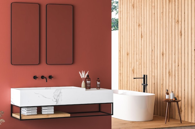 Moderne badkamer interieur met rode en houten muren, marmeren wastafel met dubbele spiegel, badkuip, douche