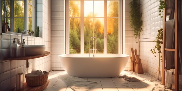 Moderne badkamer is voorzien van witte tegels en een ligbad