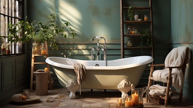 moderne badkamer met badinterieur en houten badkuip met ligbad