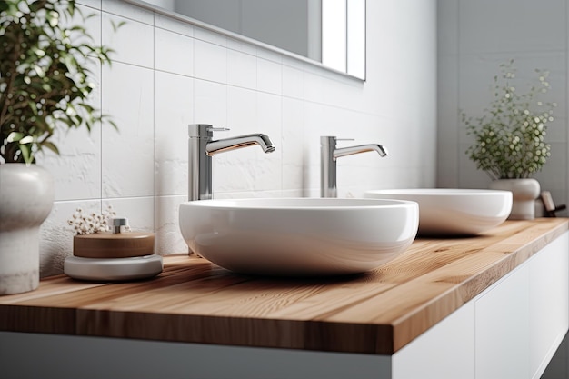 Moderne badkamer met dubbele witte wastafels op een houten aanrecht Generative AI