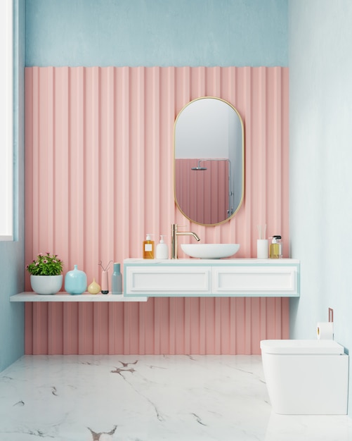 Moderne badkamer met roze muur.