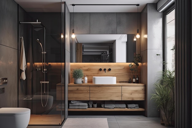 Moderne badkamer met toilet wastafel en douche Generatieve AI