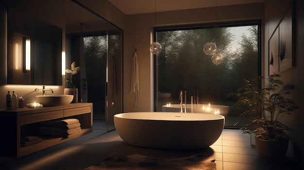 Moderne badkamer met zachte verlichting en grote ramen AI gegenereerd
