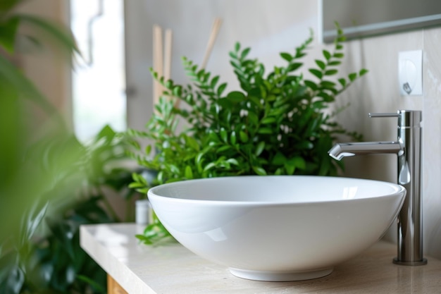 Moderne badkamer wastafel met groene planten