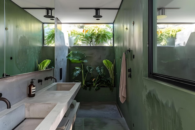 Foto moderne badkamerinterieur in donkergroene kleuren en betonnen elementen