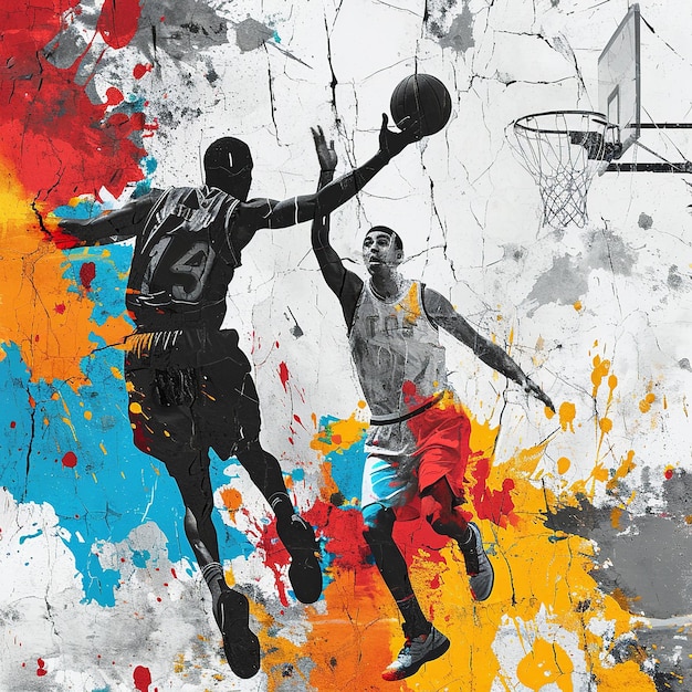 Moderne basketbalspelerscollage met abstracte kleurrijke hoepel