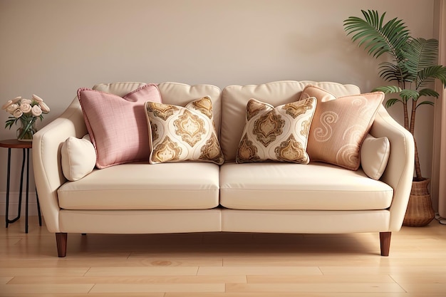 moderne beige liefde comfortabele stoel met mooie lichte kussens mooie interieurideeën realistische illustratie
