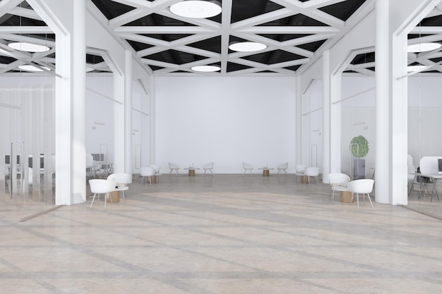 Moderne betonnen glazen mock-up muur kantoor rustruimte met stoelen en salontafels 3D-rendering