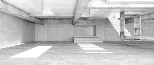 Moderne betonnen kamer ruimte vloer muur en trap zijn betonnen constructies Lege ruimte met muur achtergrond Licht en schaduw op de grond Concept industriële ruimte en magazijnstructuur 3D-rendering