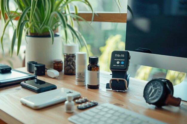 Foto moderne biohacking werkruimte gebaderd in natuurlijk licht met smartwatches