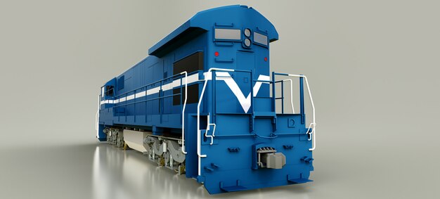 Moderne blauwe diesel-locomotief met grote kracht en sterkte voor het verplaatsen van lange en zware spoorwegtrein. 3D-weergave