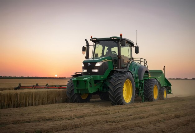 Moderne blauwe tractormachines ploegen de weide op het landbouwveld op de boerderij in de lente de herfst tijdens de zonsondergang De boer bewerkte de bodem voor het zaaien van planten gewassen natuur plattelandslandschap