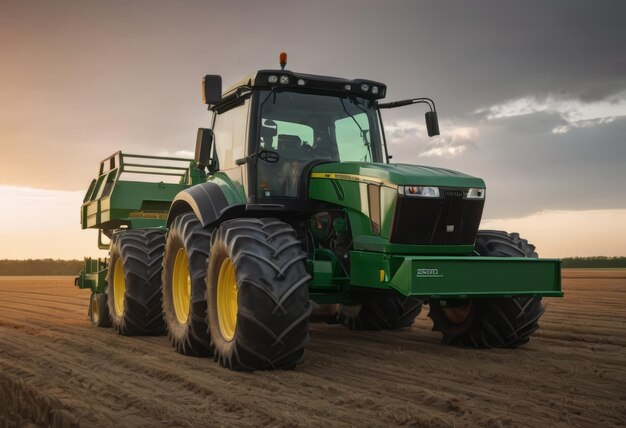 Moderne blauwe tractormachines ploegen de weide op het landbouwveld op de boerderij in de lente de herfst tijdens de zonsondergang De boer bewerkte de bodem voor het zaaien van planten gewassen natuur plattelandslandschap