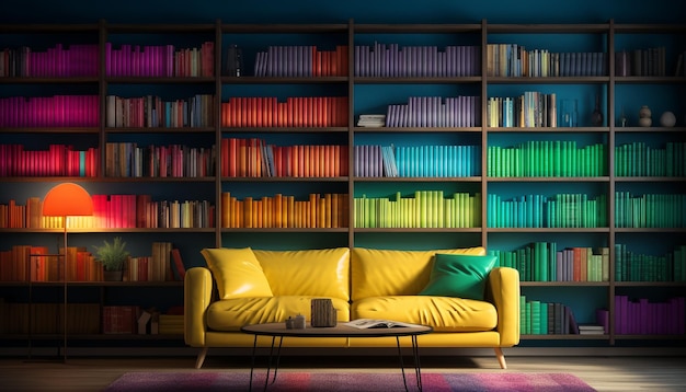 Moderne boekenplankcollectie verlicht comfortabele woonkamer in luxe appartement gegenereerd door AI