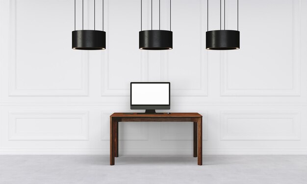 Foto moderne bureau in schone en heldere studio mockup met designer muur