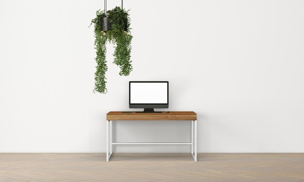 Moderne bureau in schoon en helder studio mockup met designer muur