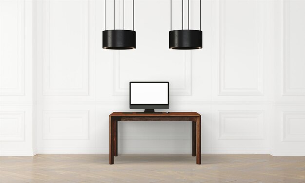 Moderne bureau in schoon en helder studio mockup met designer muur