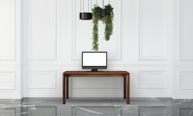 Moderne bureau in schoon en helder studio mockup met designer muur