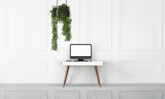 Moderne bureau in schoon en helder studio mockup met designer muur