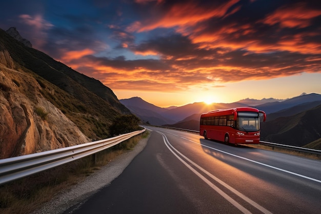 Moderne bus vervoert passagiers in de bergen met zonsondergang op vakantie Generative Ai