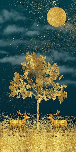 Foto moderne canvas kunst muurschildering behang met gouden bomen en donkere achtergrond gouden herten kerstboom