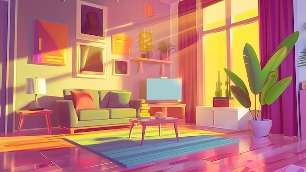 Moderne cartoon illustratie van lounge met koffietafel houten vloer en lamp Grote ramen met zonlicht of balken bank TV en speelconsole met joystick