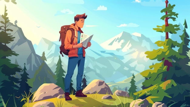 Moderne cartoon illustratie van tiener mannelijke toerist wandelen in de bergen Jonge man met rugzak controleert route kaart op papier groene dennenbomen en stenen langs voetpad op de heuvel actief buiten