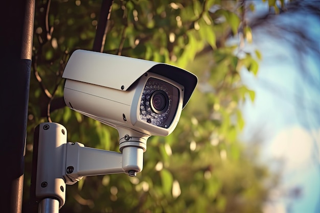 Moderne CCTV-camera op elektrische paal met onscherpe natuurlijke achtergrond Intelligente opnamecamera's voor