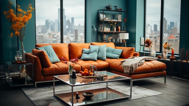 Moderne comfortabele bank in heldere kleuren appartement