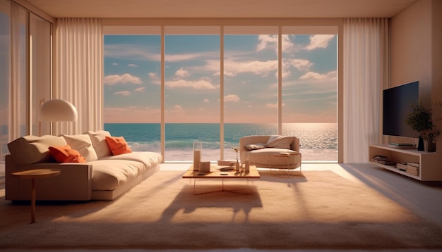 Moderne comfortabele woonkamer met zonlicht, elegant decor en weids landschap gegenereerd door kunstmatige intelligentie