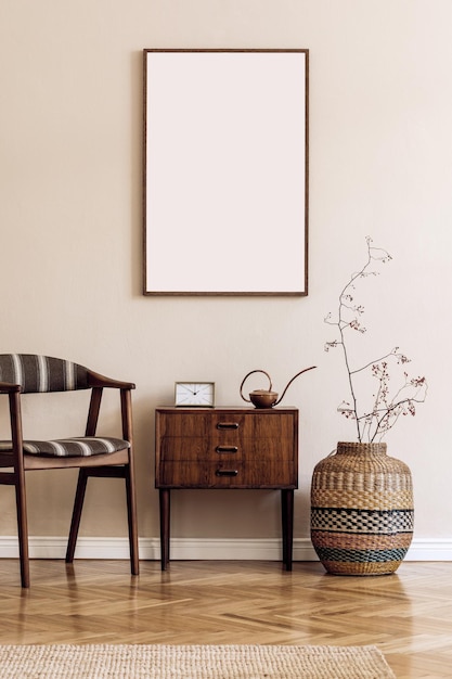 Moderne compositie van woonkamer interieur met bruin mock up posterframe, design retro commode, stoel, etno mand met bloem en elegante accessoires. Sjabloon. Stijlvolle huisstaging. Japandi.