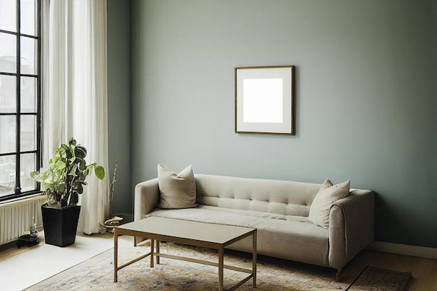 Moderne compositie van woonkamer interieur met bruin mock up posterframe Vierkante houten frame mock up met sofa en groene planten op witte muur in woonkamer